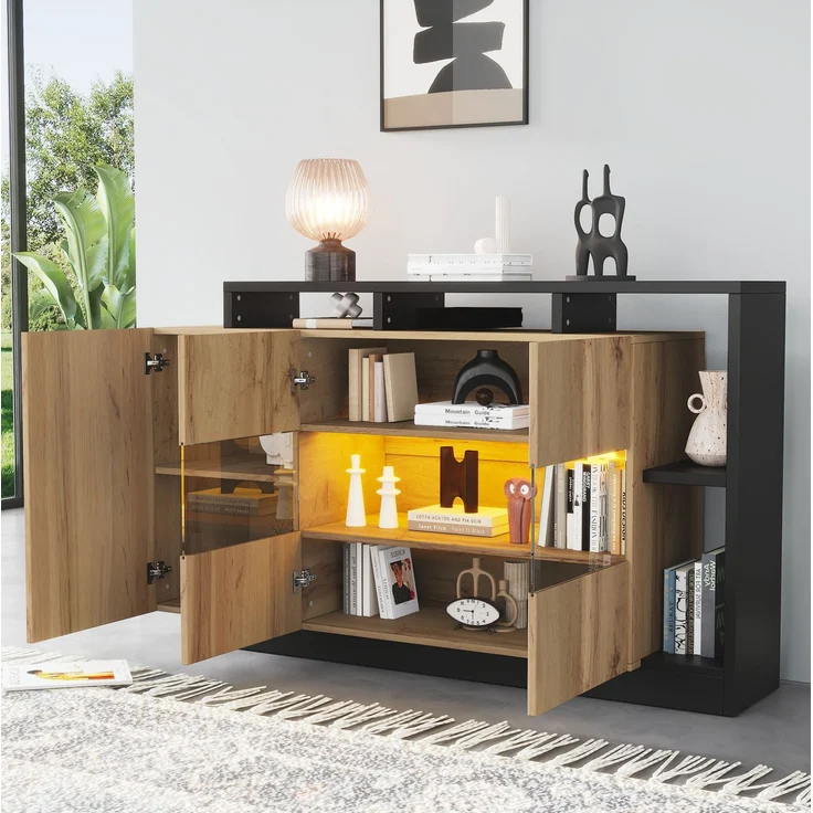 DESVIAE Sideboard mit LED-Beleuchtung 140x94x44 cm aus MDF und Acryl, Holzfarbe mit schwarzem Rahmen – Bild 3