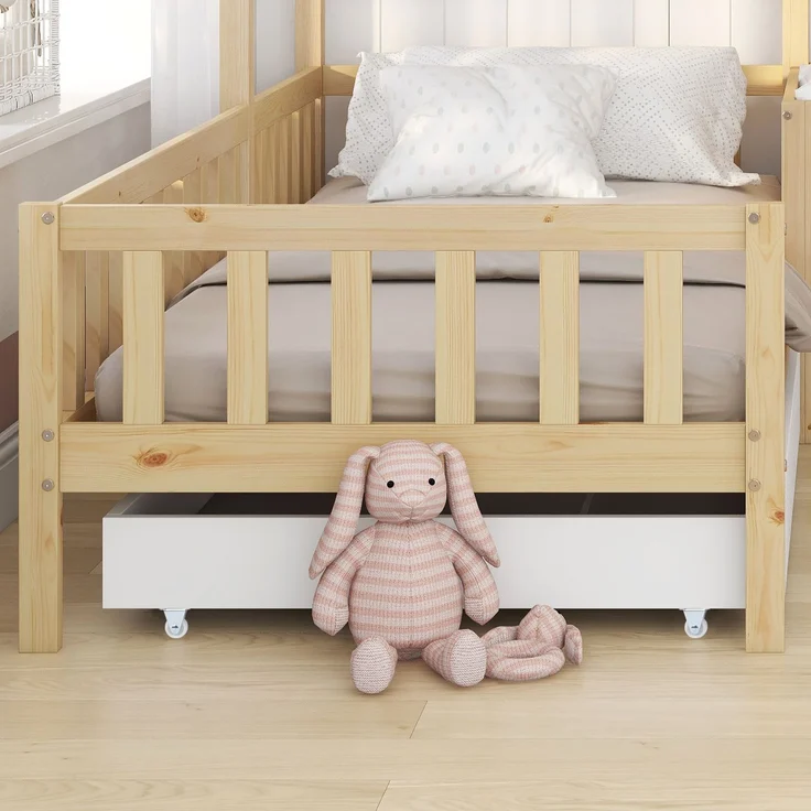 U-life Hausbett L-Form 90x200 cm und 140x70 cm, Kinderbett mit Schubladen und Regalen, Massivholz mit Sicherheitszaun und Lattenrost, Natur – Bild 5