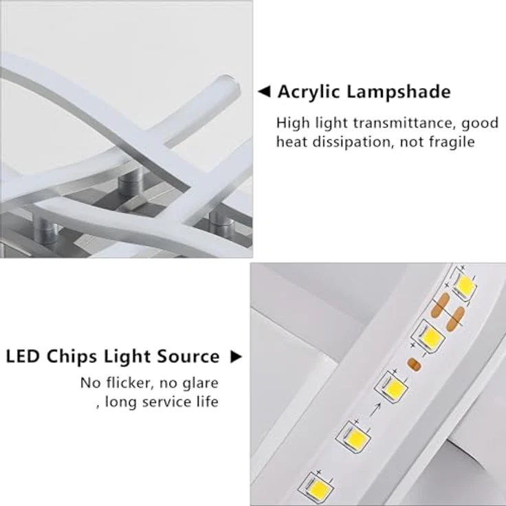 Goeco LED Deckenleuchte Dimmbar 28W 3000 k - 6500 k Silber Deckenlampe mit Fernbedienung 4 Flammig, Modern Curved Deckenbeleuchtung für Wohnzimmer Schlafzimmer, 45 * 45 * 8 CM – Bild 6