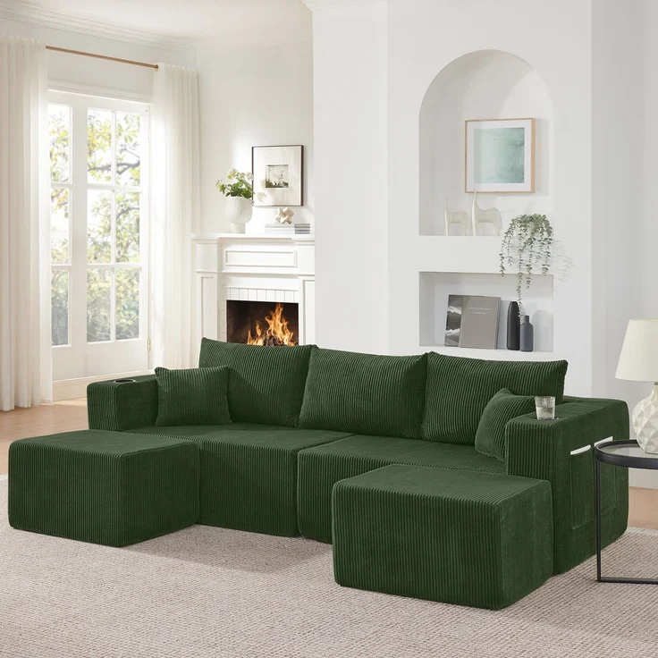 EINHOM 3-Sitzer modulares Ecksofa, komprimiertes L-Form Sofa mit beweglichen Ottomanen, weicher Cordstoff, Getränkehalter, Seitentasche und Kissen, geeignet für Wohnzimmer, Hotels und Mietwohnungen, Green – Bild 1