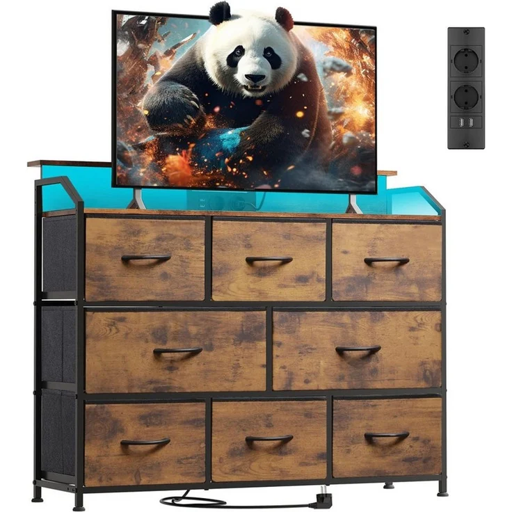 WLIVE Kommode mit 8 Stoffschubladen, LED-Beleuchtung und Ladestation (Aufbewahrungsschrank mit Holzplatte und Metallgestell, Aufbewahrungsschrank mit Holzplatte und Metallgestell), Schlafzimmerkommode für Wohnzimmer, Flur und Schlafzimmer – Bild 1