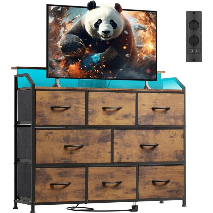 WLIVE Kommode mit 8 Stoffschubladen, LED-Beleuchtung und Ladestation (Aufbewahrungsschrank mit Holzplatte und Metallgestell, Aufbewahrungsschrank mit Holzplatte und Metallgestell), Schlafzimmerkommode für Wohnzimmer, Flur und Schlafzimmer