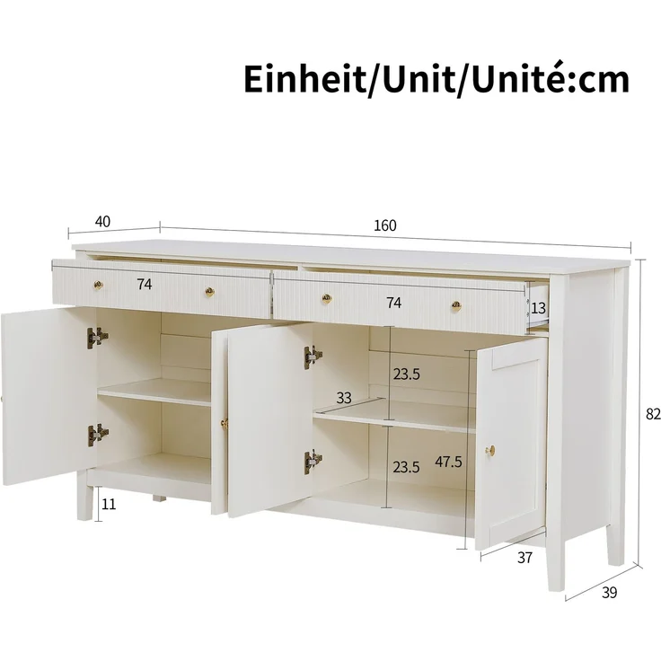DESVIAE Sideboard mit 2 Schubladen und 4 Türen 160x82x40 cm aus MDF Weiß – Bild 10