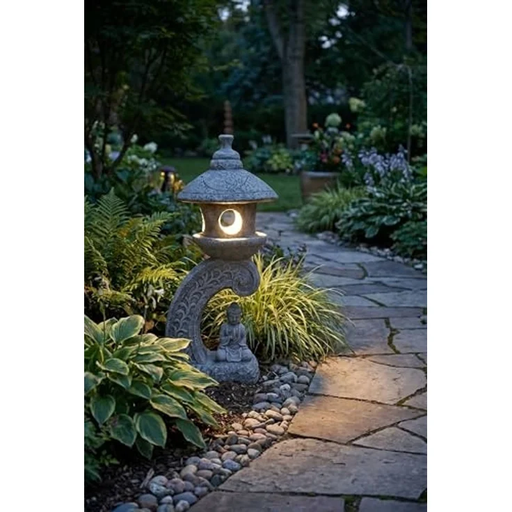 Arnusa LED Solarleuchte Pagode mit Solarlampe Kunststein 60 cm Gartendeko Laterne mit Buddha, LED fest integriert, warmweiß, Japanischer Asiatischer Stil Gartenfigur – Bild 7