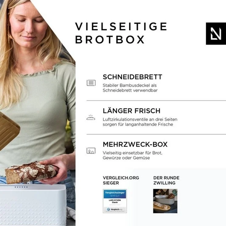 LARS NYSØM Brotkasten Glæde, Edelstahl, Metallbrotbox mit Brotsack und Bambusschneidebrett – Bild 4