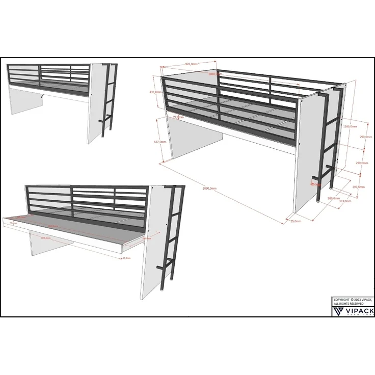 Halbhohes Bett mit Schreibtisch Regal Kommoden Sam 98 x 219 x 116.6 cm – Bild 7