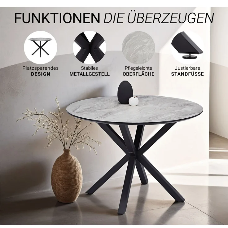 Esstisch mit 4 Stühlen Set Essgruppe Polsterstühle Leinen Grau Esszimmertisch Rund Ø 110 cm Modern Metall Schwarz – Bild 5