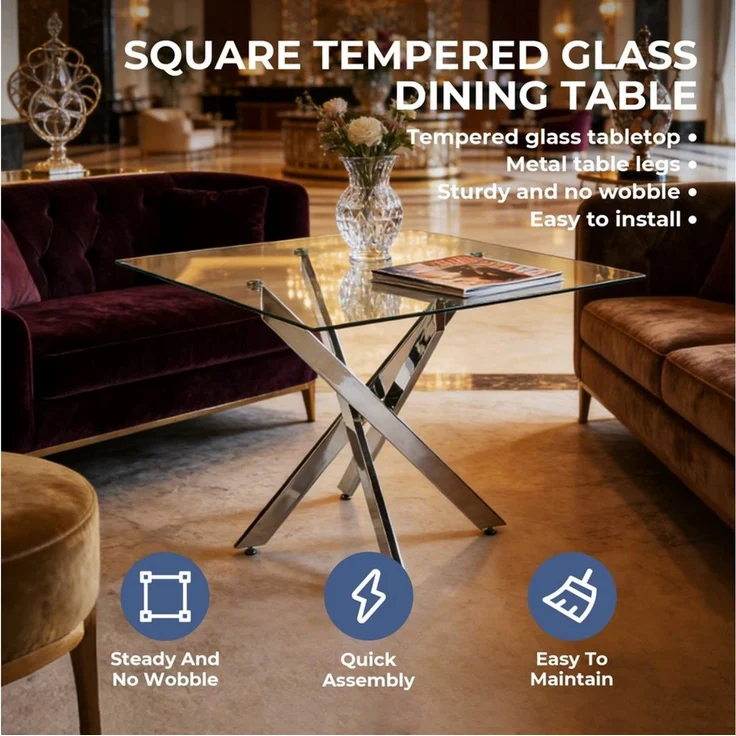ANYSUN Esstisch moderner Küchentisch, gehärtetem Glas Tisch (80 x 80 x 75 cm platzsparender moderner Küchentisch, 1 Couchtisch), verchromte Beine, perfekt für Esszimmer, Küche, Wohnzimmer – Bild 2