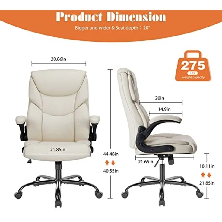 Sweetcrispy Bürostuhl, Ergonomisches Pu-Leder Chefsessel, mit Hochklappbaren Armlehnen, Bürostuhl Leder mit Drehbaren Rädern, Geeignet für Büros, Zuhause und Andere Umgebungen (Weiß) – Bild 3