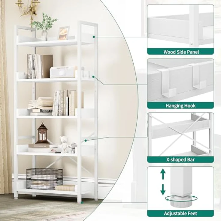 YITAHOME Bücherregal 5 Etagen, Bodenstehendes Bücherregal, Holzregal und stabiles Stahlrahmenregal mit 4 Haken Industrielles Lagerregal für Wohnzimmer, Heimbüro, Reinweißes – Bild 5