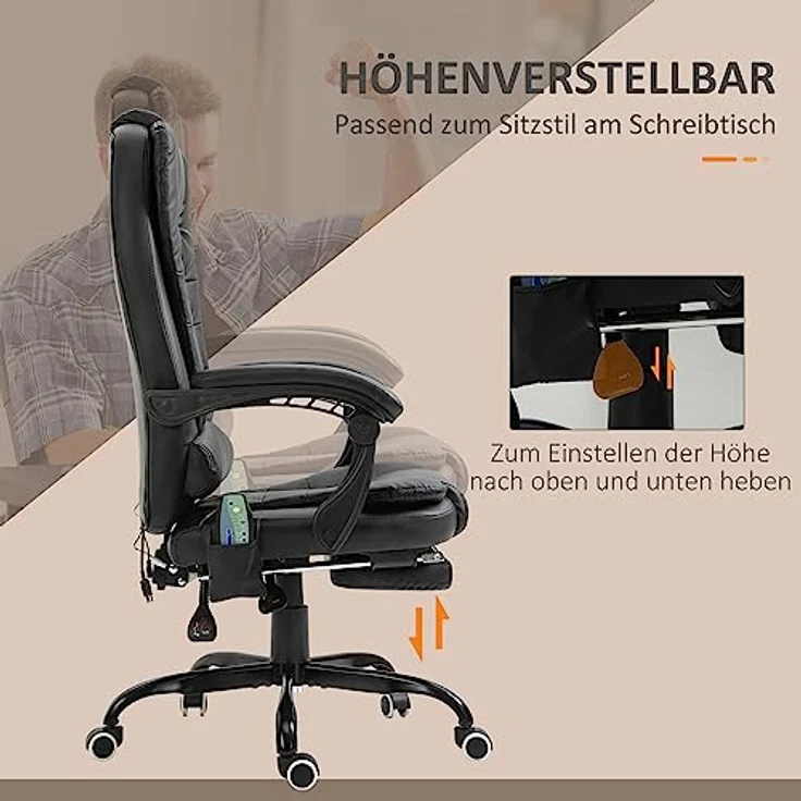 Vinsetto Massagesessel mit 7-Punkt-Massage, integrierter Fußstütze und verstellbarer Rückenlehne, schwarz – Bild 5