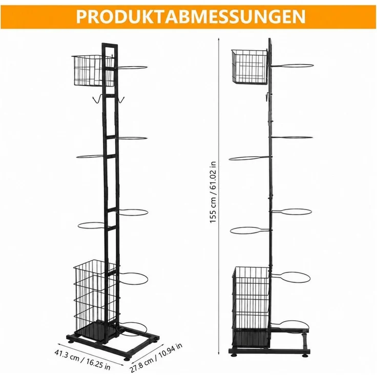 BlingBin Mehrzweckregal Ballständer 155 cm, Sportgerätehalter für 7 Bälle und Schläger, Ballaufbewahrung 1-tlg, Sportgeräte organizer, Basketball Aufbewahrungsregal, Abnehmbare – Bild 3