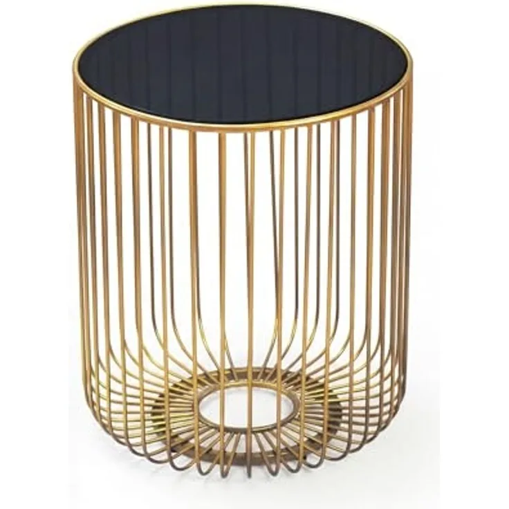 Beistelltisch Glas Metall 40cm Gold Rund - Moderner Anstelltisch - Design Sofatisch Couchtisch Drahtkorb - Loungetisch mit Gittergestel - Runder Wohnzimmertisch Klein Handmade