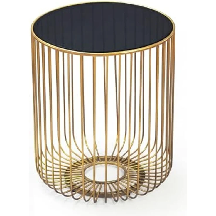 Beistelltisch Glas Metall 40cm Gold Rund - Moderner Anstelltisch - Design Sofatisch Couchtisch Drahtkorb - Loungetisch mit Gittergestel - Runder Wohnzimmertisch Klein Handmade – Bild 1