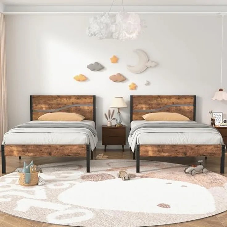 VECELO 2er Set Bettgestelle 90x200 cm, Einzelbetten mit Metall Lattenrost und massivem Holzkopfteil, stabil und geräuschlos, ideal als Gästebett und Jugendbett, Braun