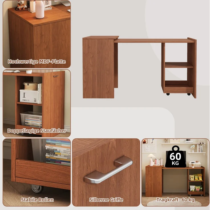 Flieks Klapptisch 126 x 55 x 75 cm, 2-in-1 Schreibtisch und Schrank mit 4 Fächern und Rollen, Nussbaumoptik – Bild 5