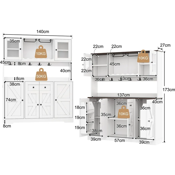 Küchenschrank, hoher Schrank mit LED-Beleuchtung und Steckdosen, Vorratsschrank mit Acrylglastüren, Weinregalen und Weinglashaltern, Vitrinenschrank für Wohnzimmer & Esszimmer, 140 × 40 × 173 cm--Weiß--140x40x173cm--YOUDENOVA – Bild 3