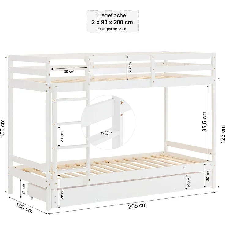 Homestyle4u Etagenbett mit Bettkasten, Kiefernholz weiß, 90x200 cm – Bild 3