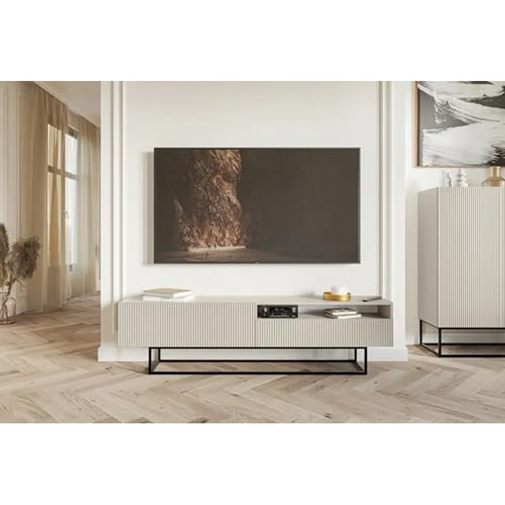 Selsey 'Veldio' TV-Lowboard mit offenem Fach, greige mit schwarzem Metallgestell, ca. 46 x 175 x 32 cm – Bild 7