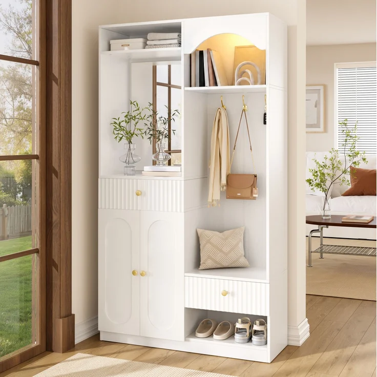 Kompaktgarderobe 100x35x180 cm mit Spiegel, Sitzbank, LED und verstellbaren Einlegeböden – Bild 1