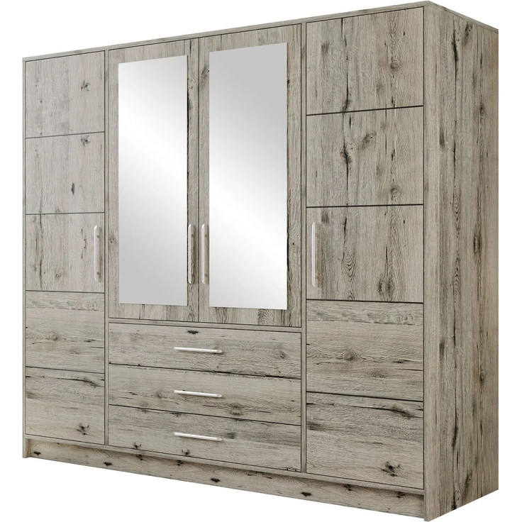 Mirjan24 'Bado 4D' Kleiderschrank mit Schubladen und Spiegel, Laminatplatte Wellington Eiche, 200 x 58 x 196 cm – Bild 1