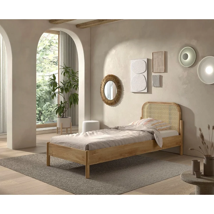Einzelbett Olive 90 x 200 cm Eiche MDF Rattan Natur – Bild 1