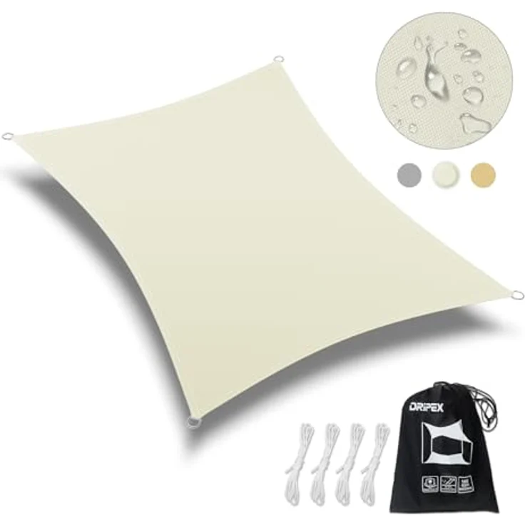 Dripex Sonnensegel wasserdicht Sonnenschutz Set 4X6 m inkl Befestigungsseile Rechteckig Polyester Imprägniert 95% UV Schutz Windschutz Wetterschutz für Balkon Garten Terrasse - Cremeweiß – Bild 7