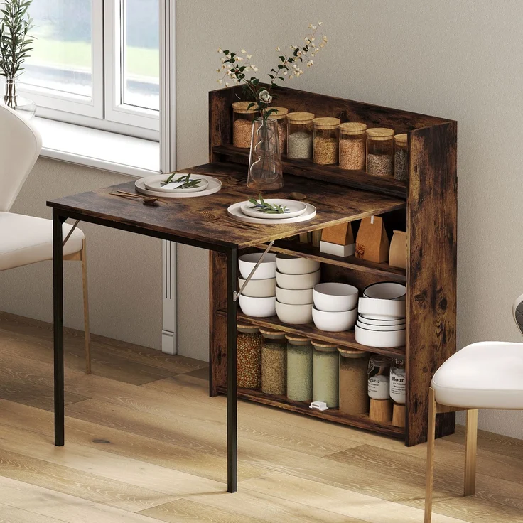 MELAYR, Esstisch Klappbar mit Regal, Industrie-Design, Platzsparend, Für Kleine Räume, 80x90x93cm, Rustikal-Braun – Bild 3