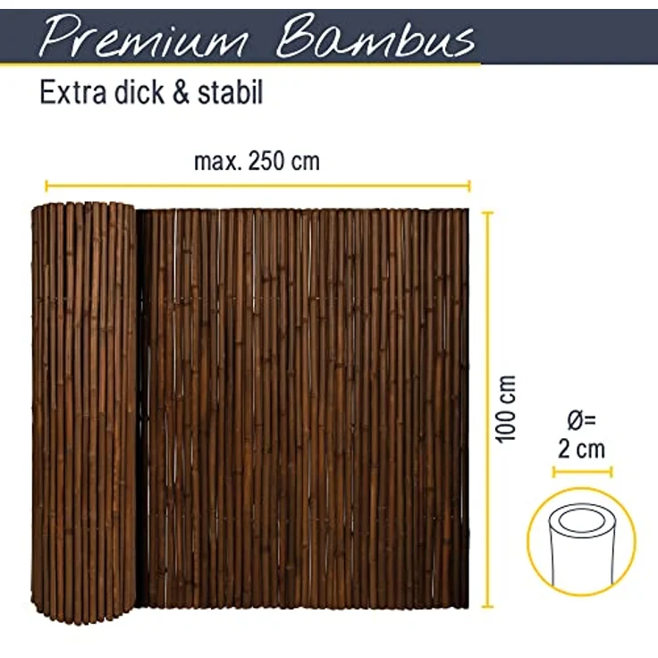 Sol Royal Premium Bambus Sichtschutz Zaun 100x250 cm B23 Dunkelbraun – hochwertig gehärtete Bambusrohre Ø 2-3cm, witterungsbeständiger Bambuszaun Indoor & Outdoor, Balkon Sichtschutz – Bild 3