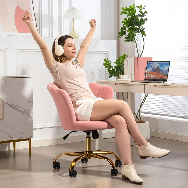 MELAYR, Bürostuhl aus Samt, Schminkstuhl mit blütenförmiger Rückenlehne, Höhenverstellbar, 69 x 64 x 80–90 cm, Rosa – Bild 3
