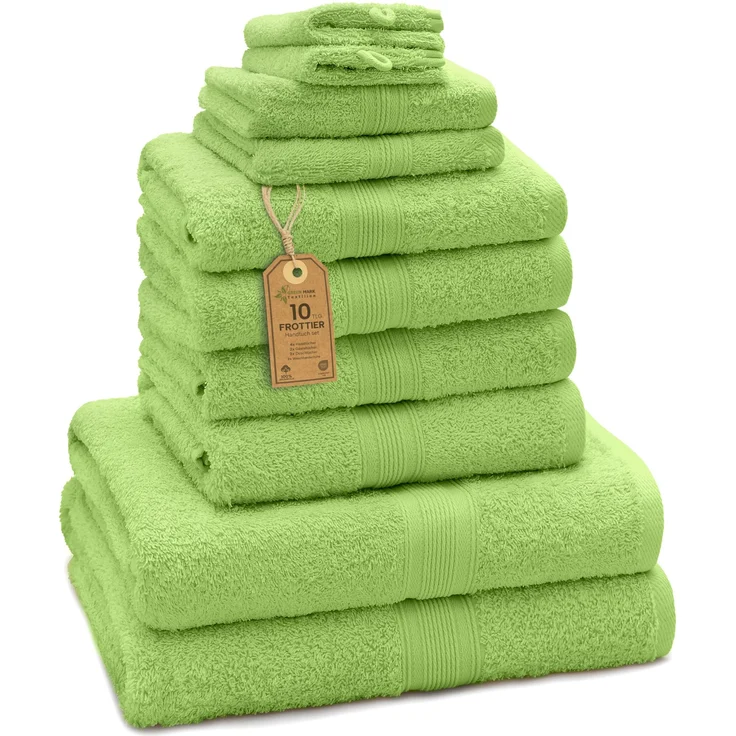 Green Mark Handtuch-Set mit 10 Teilen – 100% Baumwolle – 4 Handtücher 50×100 cm, 2 große Duschtücher 70×140 cm, 2 Gästetücher 30×50 cm und 2 Waschhandschuhe – Apfelgrün