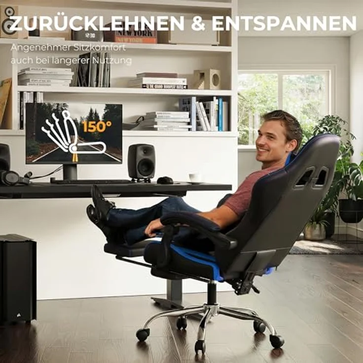 Dowinx Gaming Stuhl, Ergonomischer Gamer Stuhl für Büro und Home Office, Verstellbarer Bürostuhl mit Rückenlehne bis 150°, mit Fußstütze, Belastbar bis 180 kg, Blau – Bild 5
