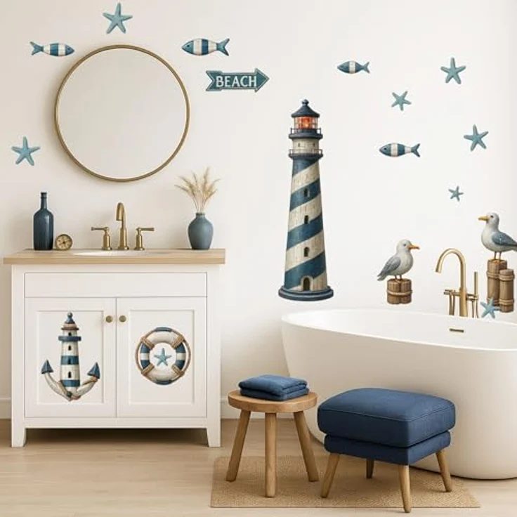 Sunnywall Wandtattoo Aufkleber Maritim Set – Leuchtturm, Möwen, Anker & Seesterne, selbstklebend, konturgeschnitten, rückstandslos entfernbar – Bild 3