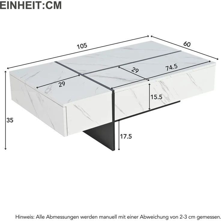 Couchtisch 105x60x35 cm mit 3 Schubladen und LED – Wohnzimmertisch in Weiß mit Hochglanzplatte – Bild 10