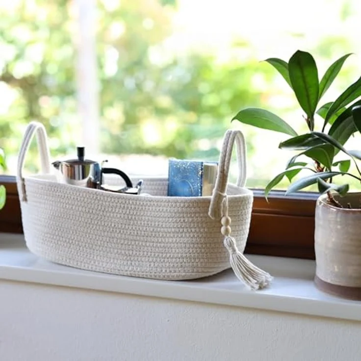 HMF Aufbewahrungskorb Aufbewahrungskorb Badezimmer, Korb für bis zu 3 Rollen Toilettenpapier, handgenäht aus Baumwolle, Badezimmerkorb, 38,5 x 15,5 x 14 cm, Creme – Bild 6