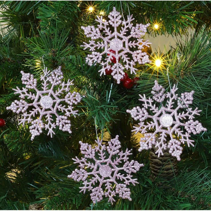 12 Stück - Weihnachtliche Schneeflockendekoration, glitzernde Schneeflockenornamente, Partydekoration (Rosa, 10 cm) – Bild 2