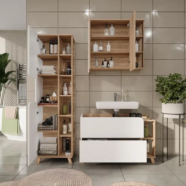 Vichy Badmöbelset Karen, 3-teiliges Set in Sonoma/Weiss, inkl. Waschbeckenunterschrank und Spiegelschrank, robust und elegant – Bild 7