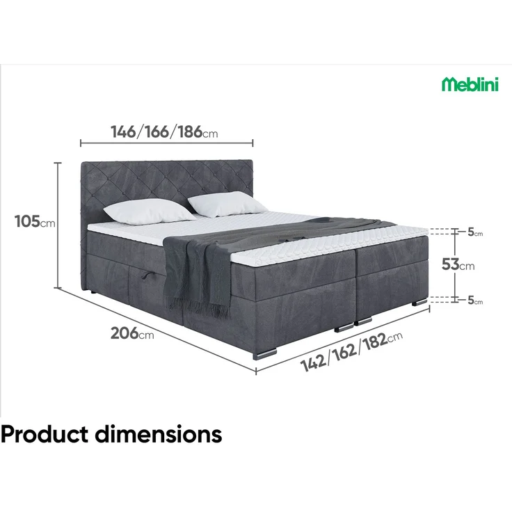 MEBLINI Boxspringbett MALDINI 180x200cm - H3P/Dunkelgrau Samt - mit Bettkasten - Polsterbett - Doppelbett mit Topper & Taschenfederkern-Matratze – Bild 7