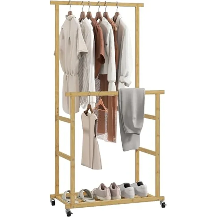 HOMCOM Kleiderständer mit Rollen, Kleiderstange, Schuhablage, (Garderobe aus Bambus, 1 St, Garderobenständer), für Schlafzimmer, Ausstellungen, Waschküche, Natur