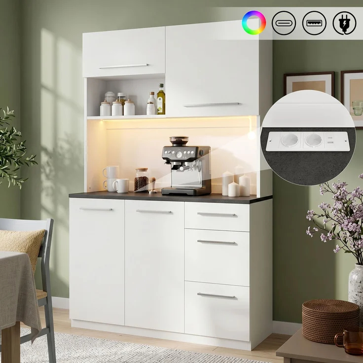 Merax Buffetschränke, Esszimmer-Hochschrank 120×40×180 cm, mehrstufigem Stauraum, integrierter Steckdose sowie USB-C- und USB-A-Anschlüssen,Mit farbigem Lichtstreifen, Weiß – Bild 2