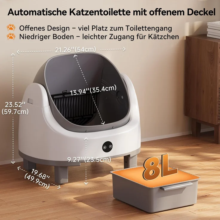 Aoxun Selbstreinigende Katzentoilette, Katzenklo Selbstreinigend mit Sicherheits Geruchskontrolle, Automatischer App-Steuerung für Katzen, Inklusive Katzenstreumatte,Müllbeutel und Duftbox, Grau – Bild 2