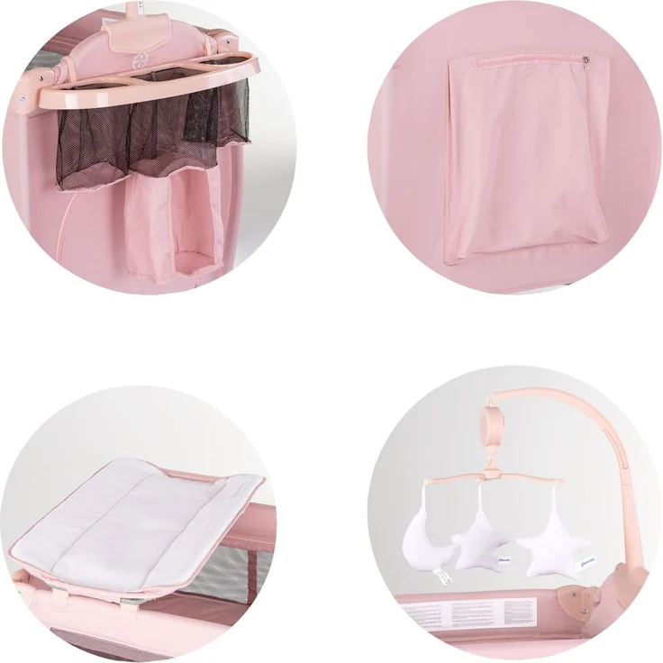 Chipolino Reisebett Bella 2 Ebenen seitlicher Eingang Musikmobile Wickelauflage rosa Baby – Bild 3