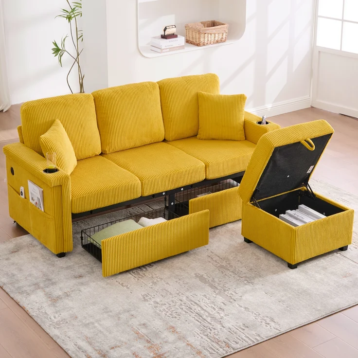 Sofa, Hochwertiges Samtsofa mit LED-Beleuchtung USB-C-Port inklusive Stauraum-Fußteil praktischen Getränkehaltern und Seitentaschen Premium Qualität für Wohnzimmer Schlafzimmer oder Büro, Samt, Senfgelb, – Bild 2