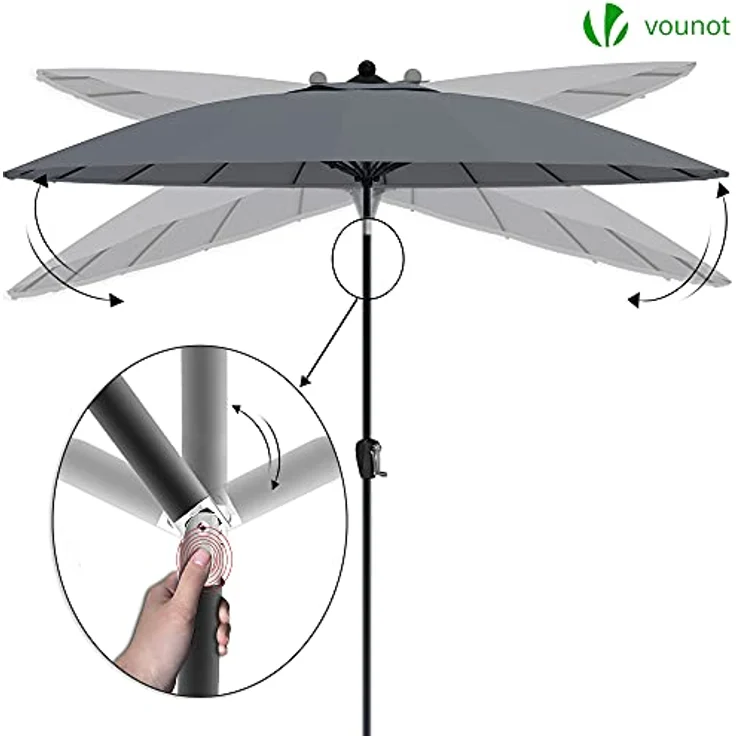 VOUNOT Shanghai Sonnenschirm 270 cm Rund mit Kurbelvorrichtung, Knickbar, Sonnenschutz UV-Schutz, Balkonschirm Gartenschirm Marktschirm mit Schutzhülle, Grau – Bild 3