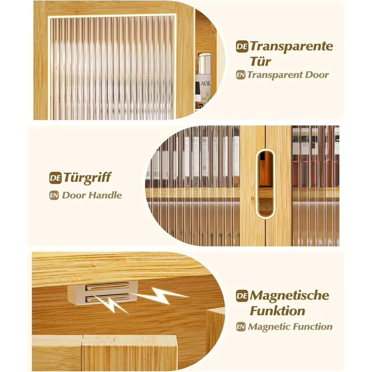 Yorbay Hängeschrank Bambus Badezimmerschrank (59x22x66 cm, Magnetverschluss & verstellbare Regale) Wandschrank mit Doppeltüren – Bild 6