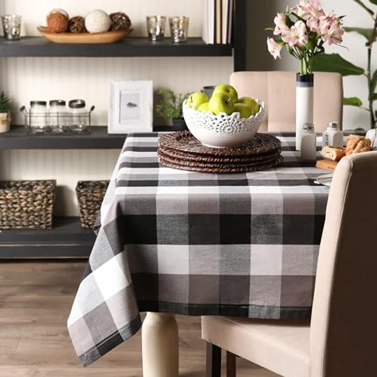 DII Tri-Color Check Collection Tischdecke, 100% Baumwolle, rund, 178 cm, Schwarz – Bild 3