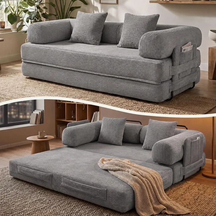 Aoxun Kordstoff Schlafsofa 200×97×70cm, 5-in-1 Umwandelbares Bodensofa, Hochdichter Schaumstoff, Haustierfreundlich, Keine Montage, Grau