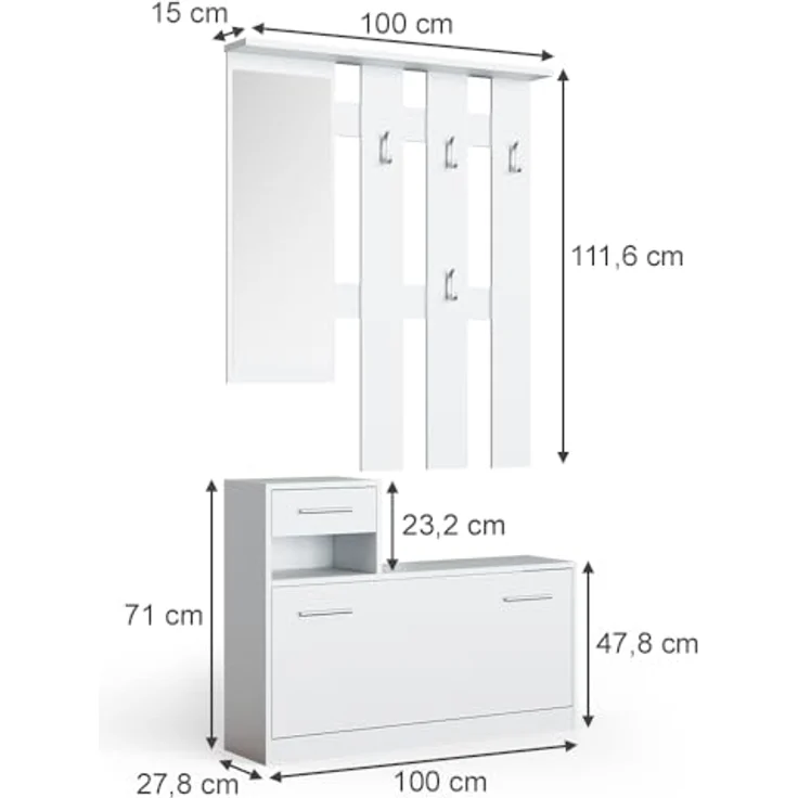 Vicco Garderobe Billy, Weiß, rechteckig mit Kleiderhaken, Hutablage und Schublade, 100x111.6x27.8 cm, Holzwerkstoff – Bild 2
