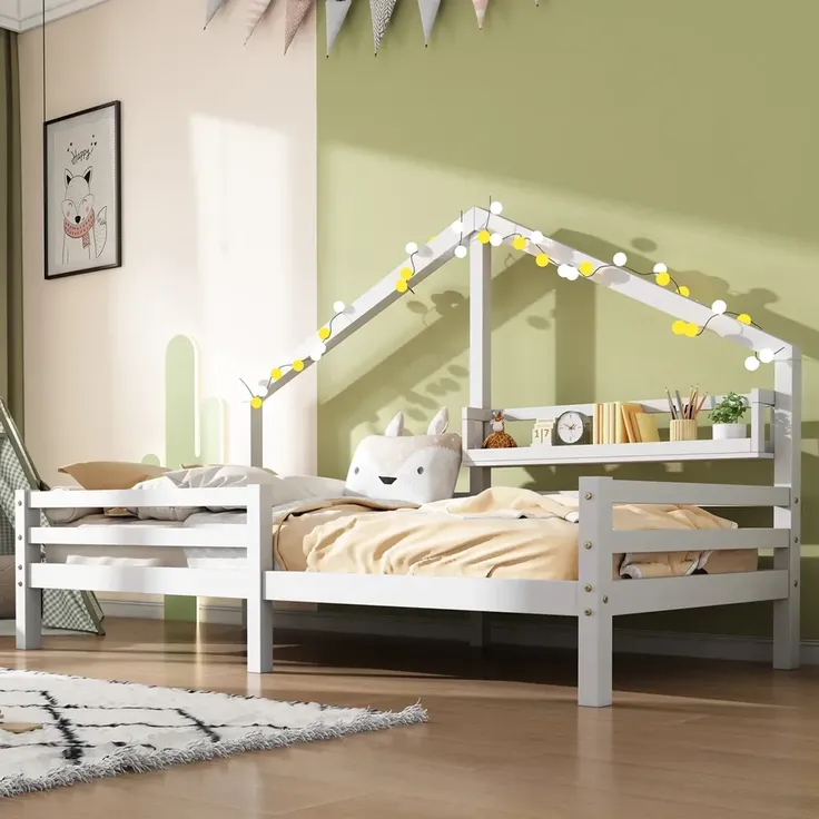 Kinderbett, Hausbett mit Rausfallschutz, Lattenrost und Regal, 90x200 cm, Einzelbett, Holzbett – Bild 4