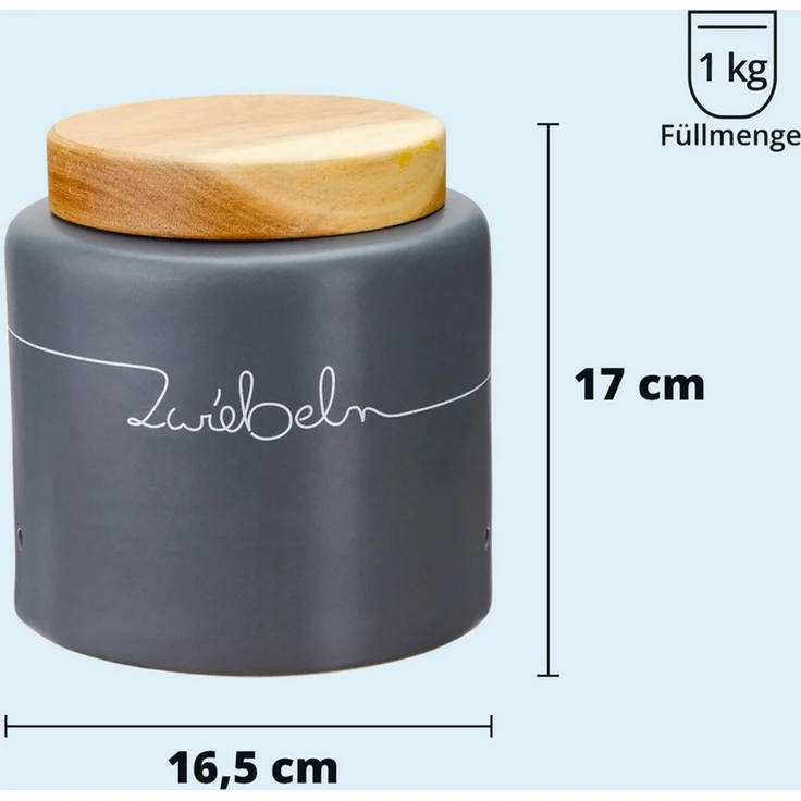 KHG Zwiebel Aufbewahrung Keramik Steingut poliert Anthrazit Grau Holz-Deckel Bambus Kapazität 3,2 Liter oder 500 g Zwiebeln, Zwiebeldose rund, Beschriftung, Zwiebel-Vorratsdose Höhe 17 cm & 16,5 cm – Bild 3